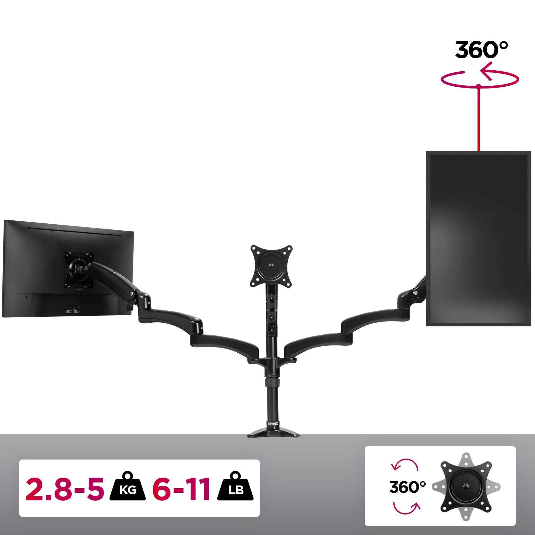 Duronic Monitor Arm Stand DM553 | Triple PC Desk Mount | BLACK | Aluminium | Height Adjustable | For Three 15-27 LED LCD Screen | VESA 75/100 | 5kg Capacity | Tilt -90°/ 85°,Swivel 180°,Rotate 360°