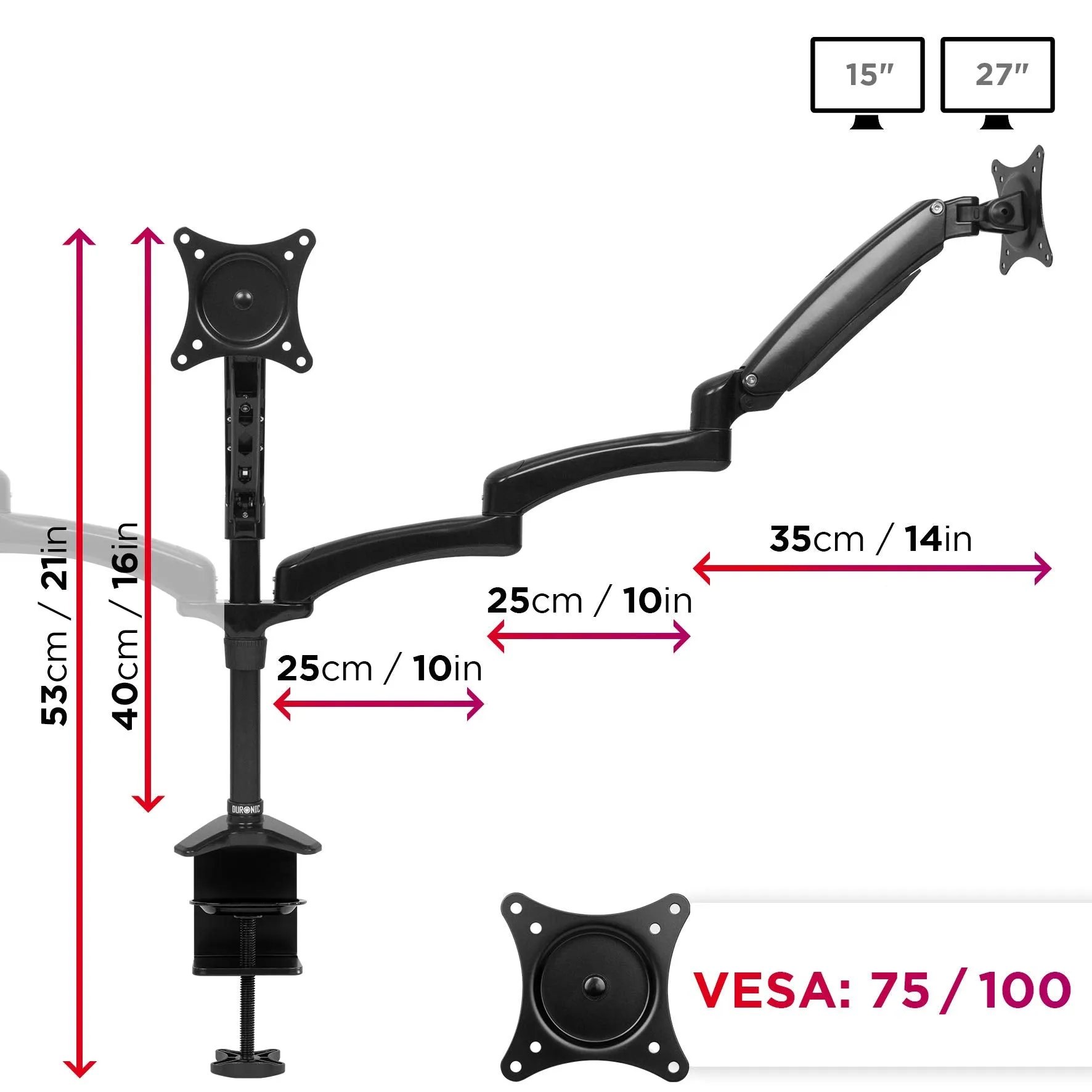 Duronic Monitor Arm Stand DM553 | Triple PC Desk Mount | BLACK | Aluminium | Height Adjustable | For Three 15-27 LED LCD Screen | VESA 75/100 | 5kg Capacity | Tilt -90°/ 85°,Swivel 180°,Rotate 360°