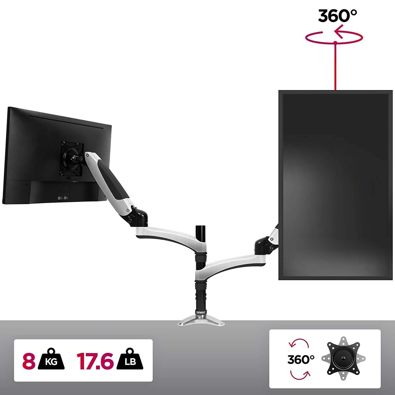 Duronic Monitor Arm Stand DM651X2 | Single Gas-Powered PC Desk Mount | BLACK | Height Adjustable | For One 15-27 LED LCD Screen | VESA 75/100 | 8kg Capacity | Tilt -90°/ 85°,Swivel 180°,Rotate 360°