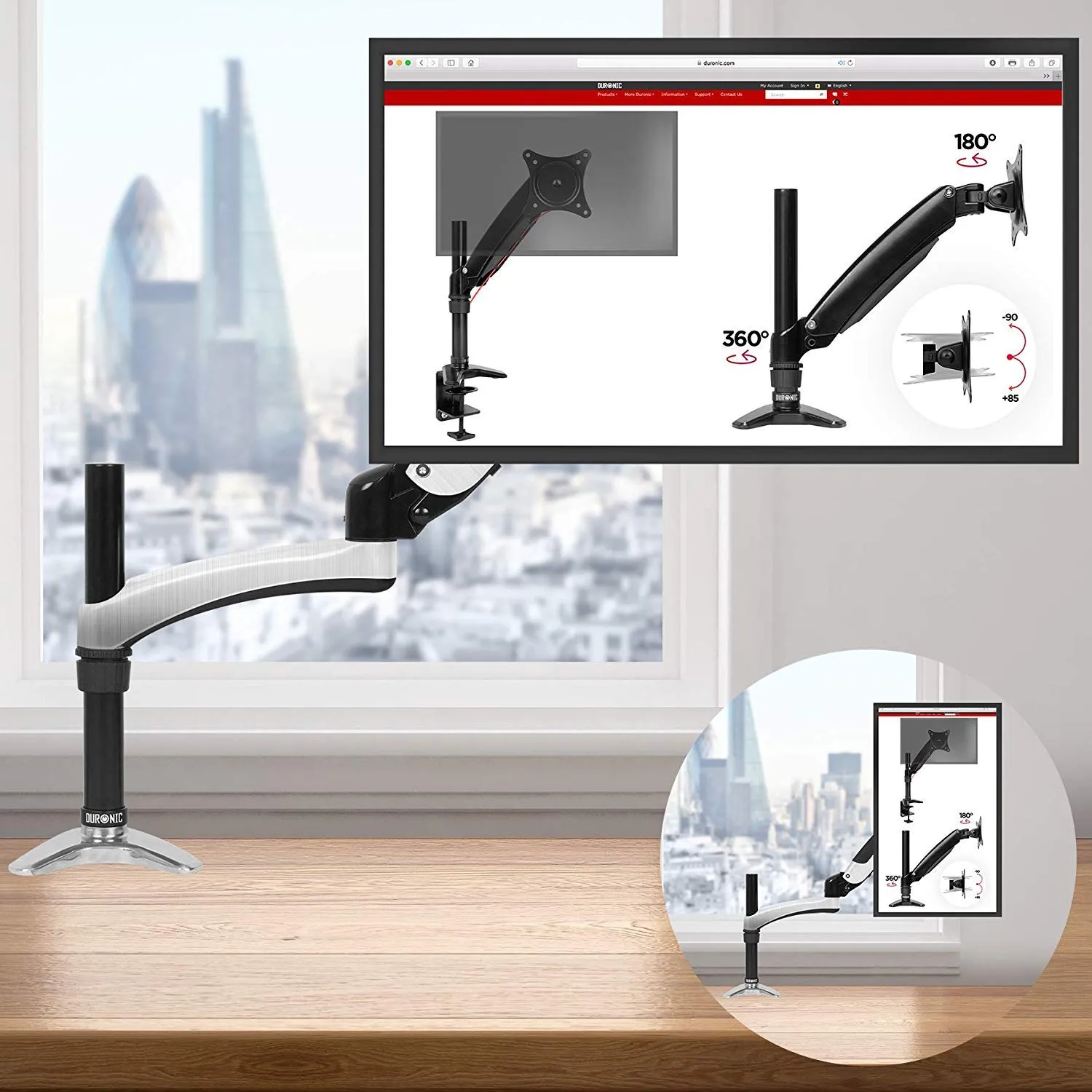Duronic Monitor Arm Stand DM651X2 | Single Gas-Powered PC Desk Mount | BLACK | Height Adjustable | For One 15-27 LED LCD Screen | VESA 75/100 | 8kg Capacity | Tilt -90°/ 85°,Swivel 180°,Rotate 360°