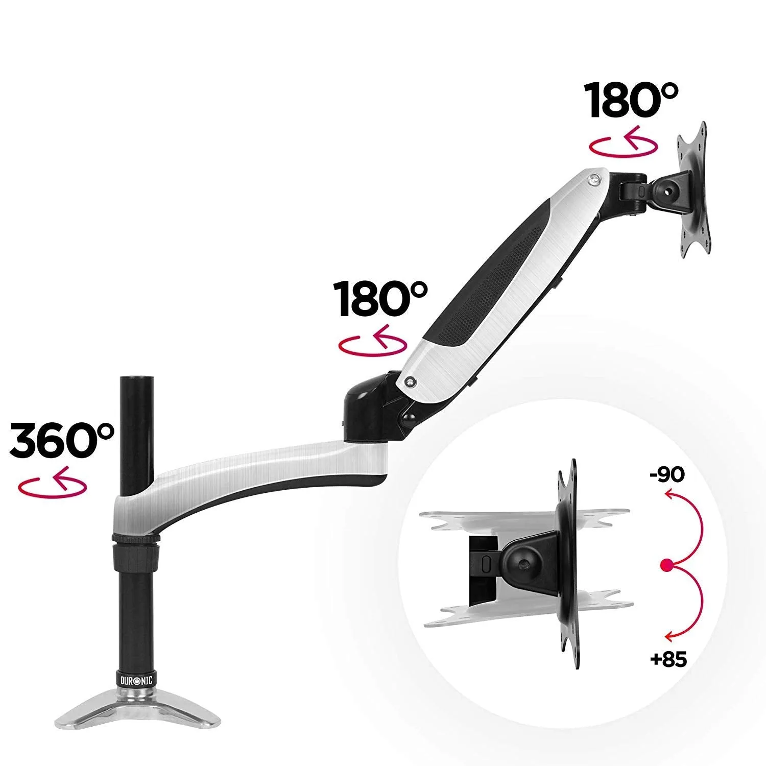 Duronic Monitor Arm Stand DM651X2 | Single Gas-Powered PC Desk Mount | BLACK | Height Adjustable | For One 15-27 LED LCD Screen | VESA 75/100 | 8kg Capacity | Tilt -90°/ 85°,Swivel 180°,Rotate 360°