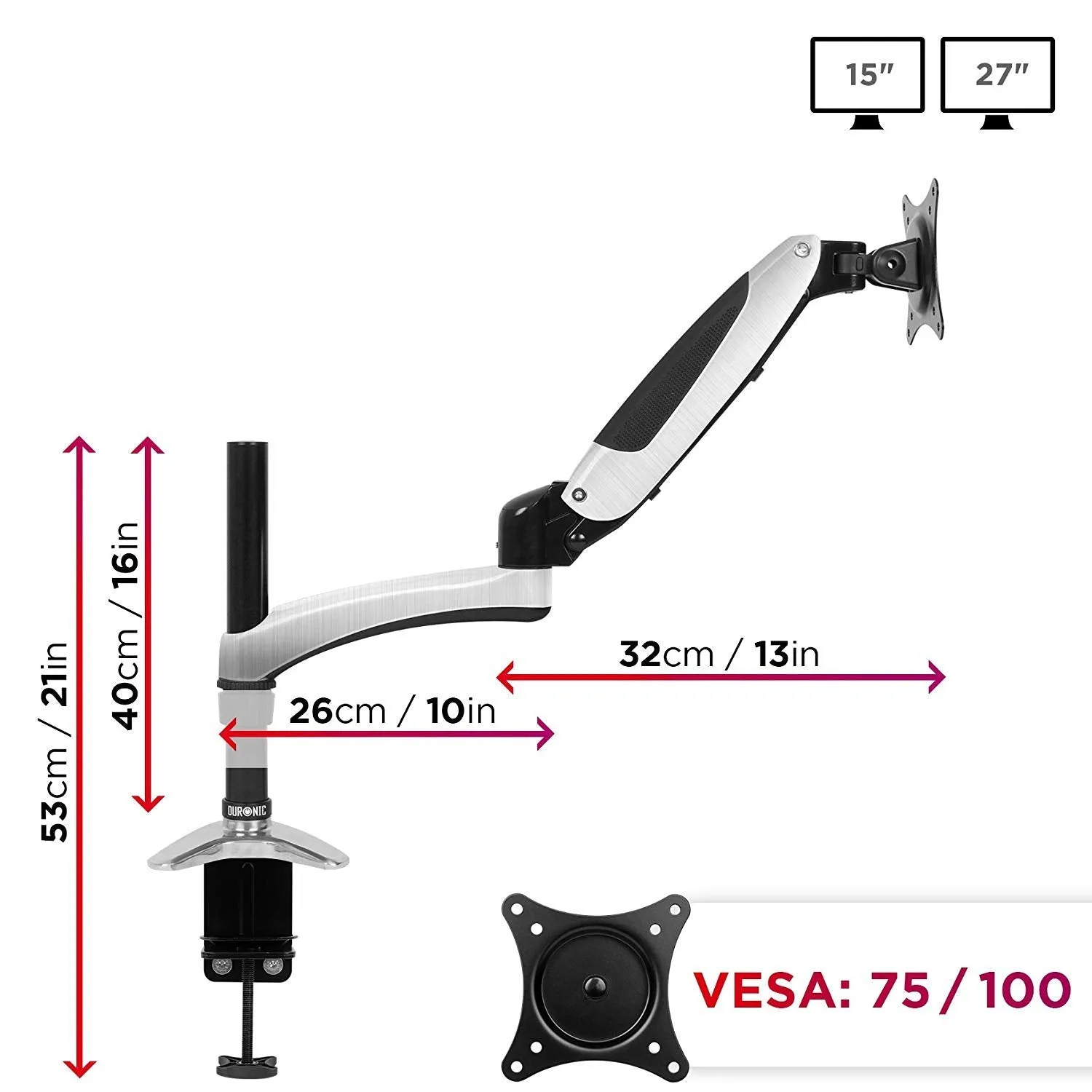 Duronic Monitor Arm Stand DM651X2 | Single Gas-Powered PC Desk Mount | BLACK | Height Adjustable | For One 15-27 LED LCD Screen | VESA 75/100 | 8kg Capacity | Tilt -90°/ 85°,Swivel 180°,Rotate 360°