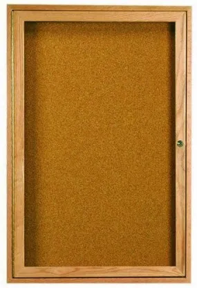 Enclosed Indoor 18"x24" One Door Natural Red Oak High Gloss Clear Lacquer Finish Cork Bulletin Board
