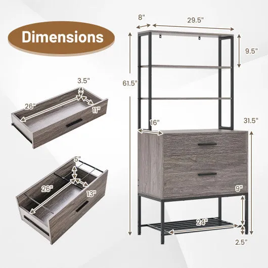 Freestanding File Cabinet with Charging Station and 3-Tier Open Shelves-Gray