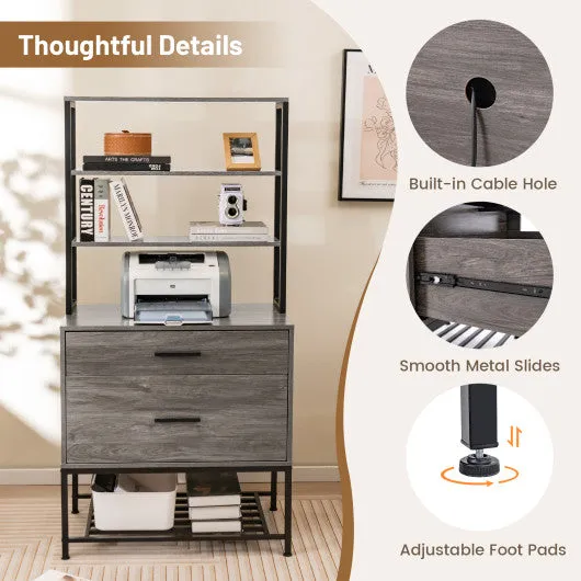 Freestanding File Cabinet with Charging Station and 3-Tier Open Shelves-Gray