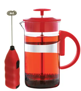 French Press & Milk Frother Set: GROSCHE Cafe Au Lait - Red, 1000ml/34 fl. oz - Refurbished