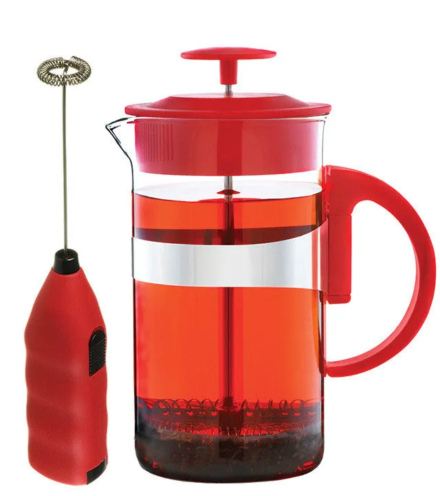 French Press & Milk Frother Set: GROSCHE Cafe Au Lait - Red, 1000ml/34 fl. oz - Refurbished