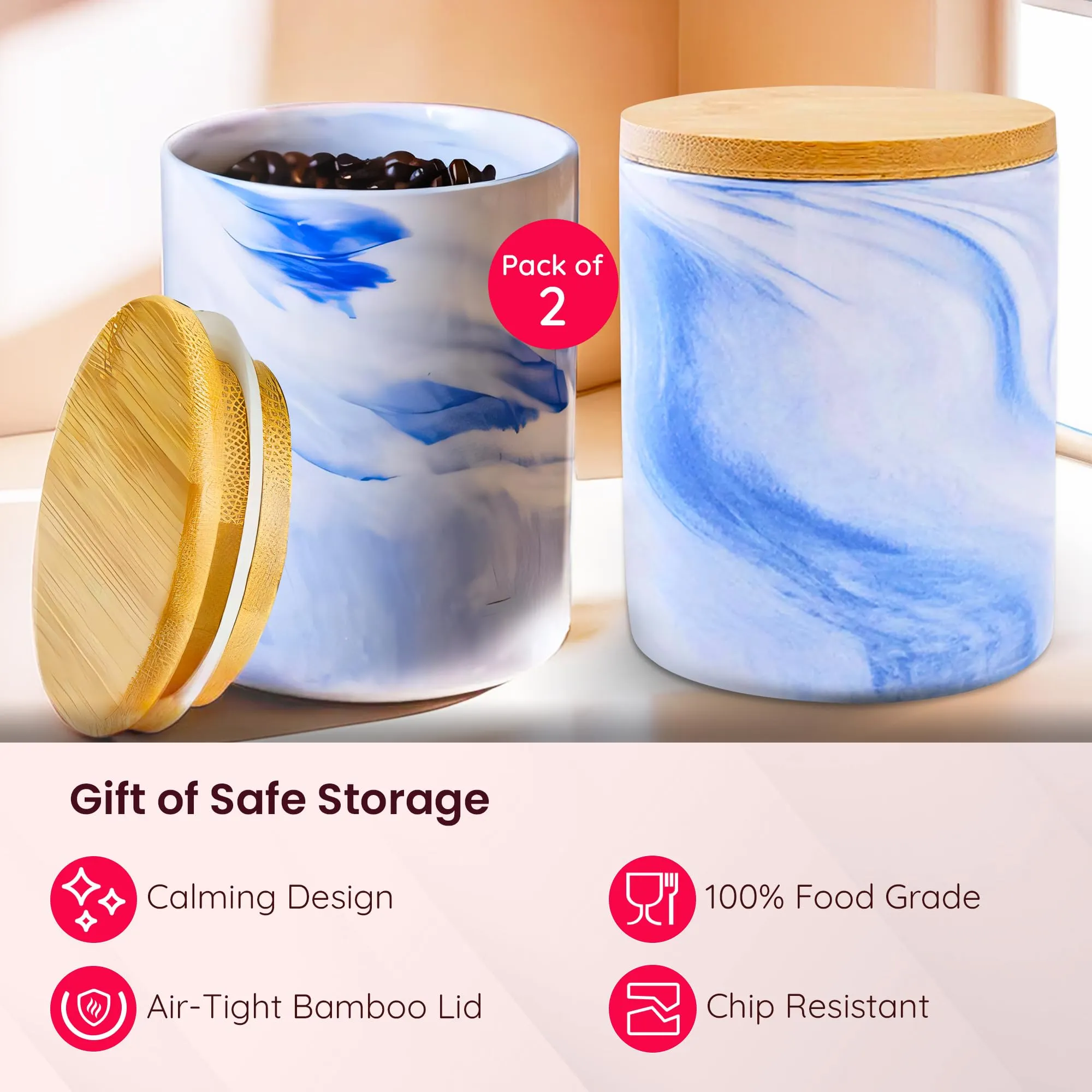 Gleevers Ceramic Jar with Bamboo Lid Pack of 2 (400ml each) | Air Tight Containers for Kitchen Storage | Kitchen Organizer Items & Storage | Gift for Housewarming | Blue