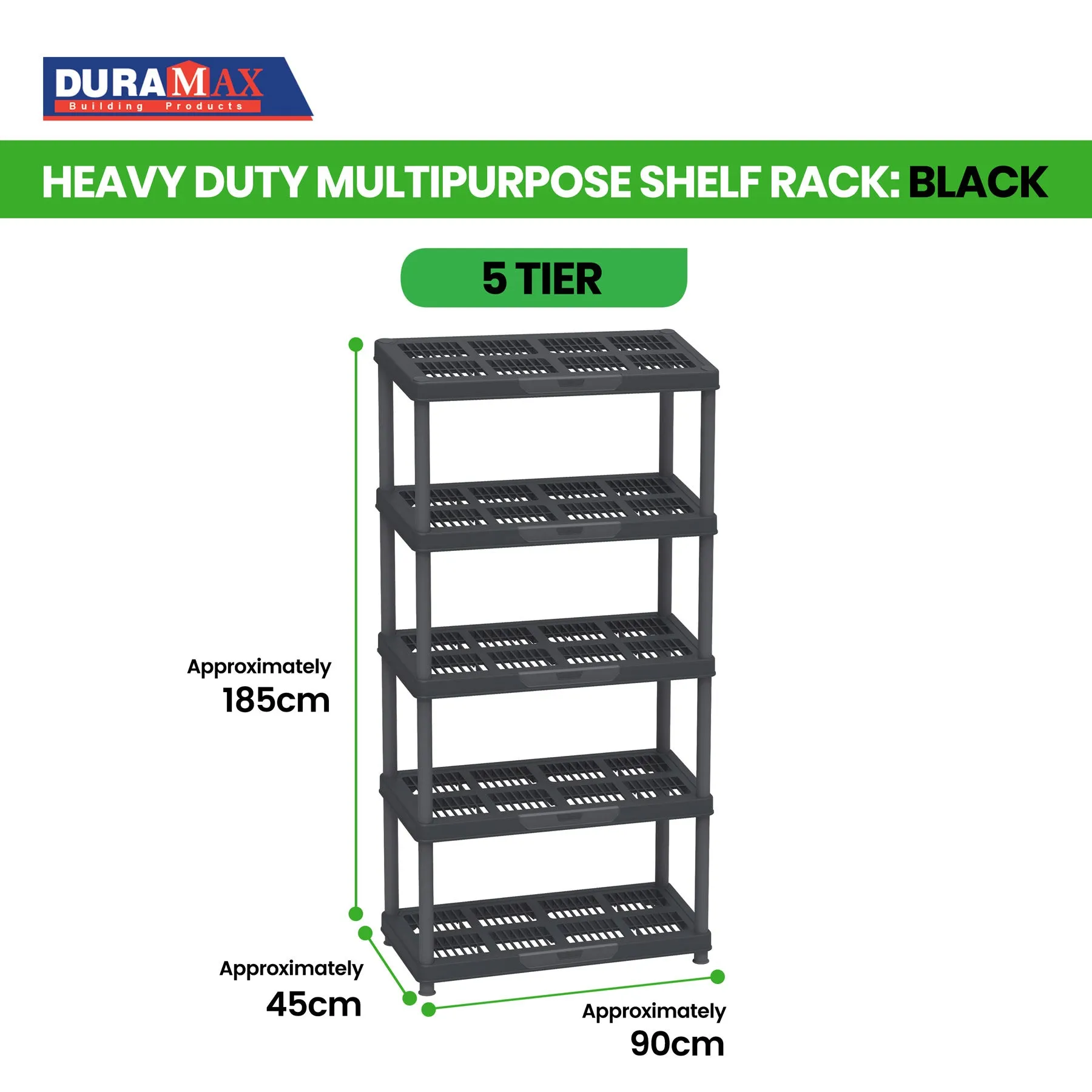 Heavy Duty Multipurpose 3/4/5 Shelf Rack (98/141.5/185cm)(Black) - Easy Assemble, No Tools Required
