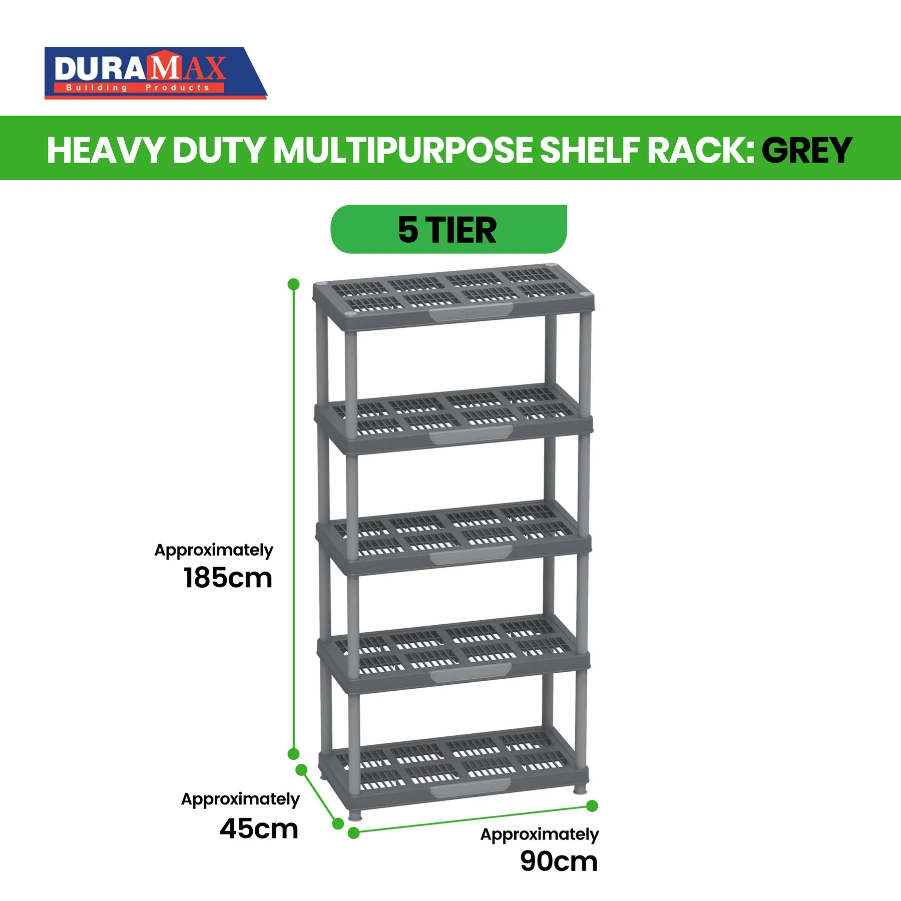 Heavy Duty Multipurpose 4/5 Shelf Rack (141.5/185cm)(Grey) - Easy Assemble, No Tools Required