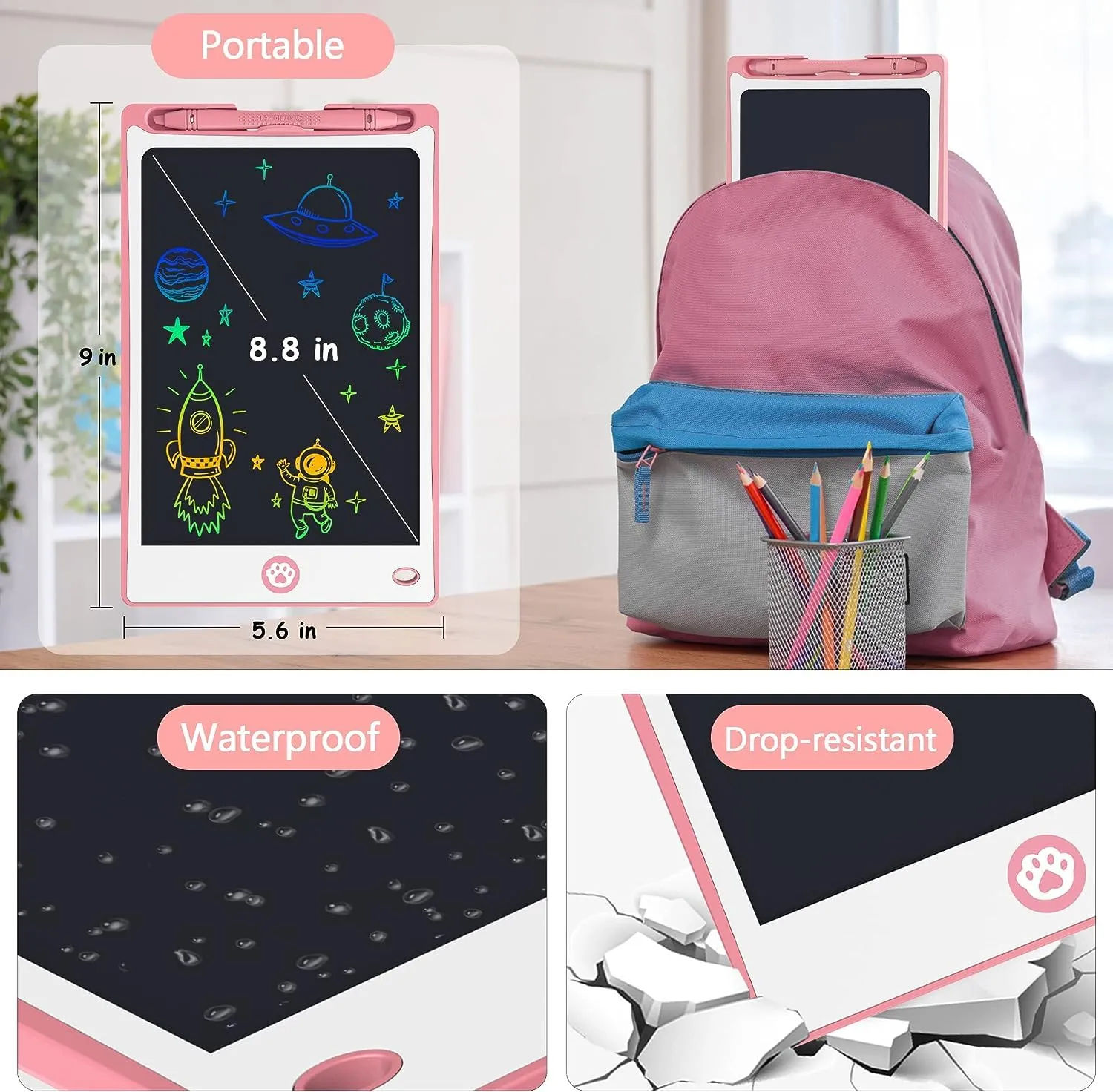 Hockvill LCD Writing Tablet for Kids 8.8 Inch, Kids Toys for Girls Boys Drawing Pad for 3 4 5 6 7 8 Year Old Kid, Toddler Drawing Doodle Board Travel Essentials Christmas Birthday Gift for Kids -Pink