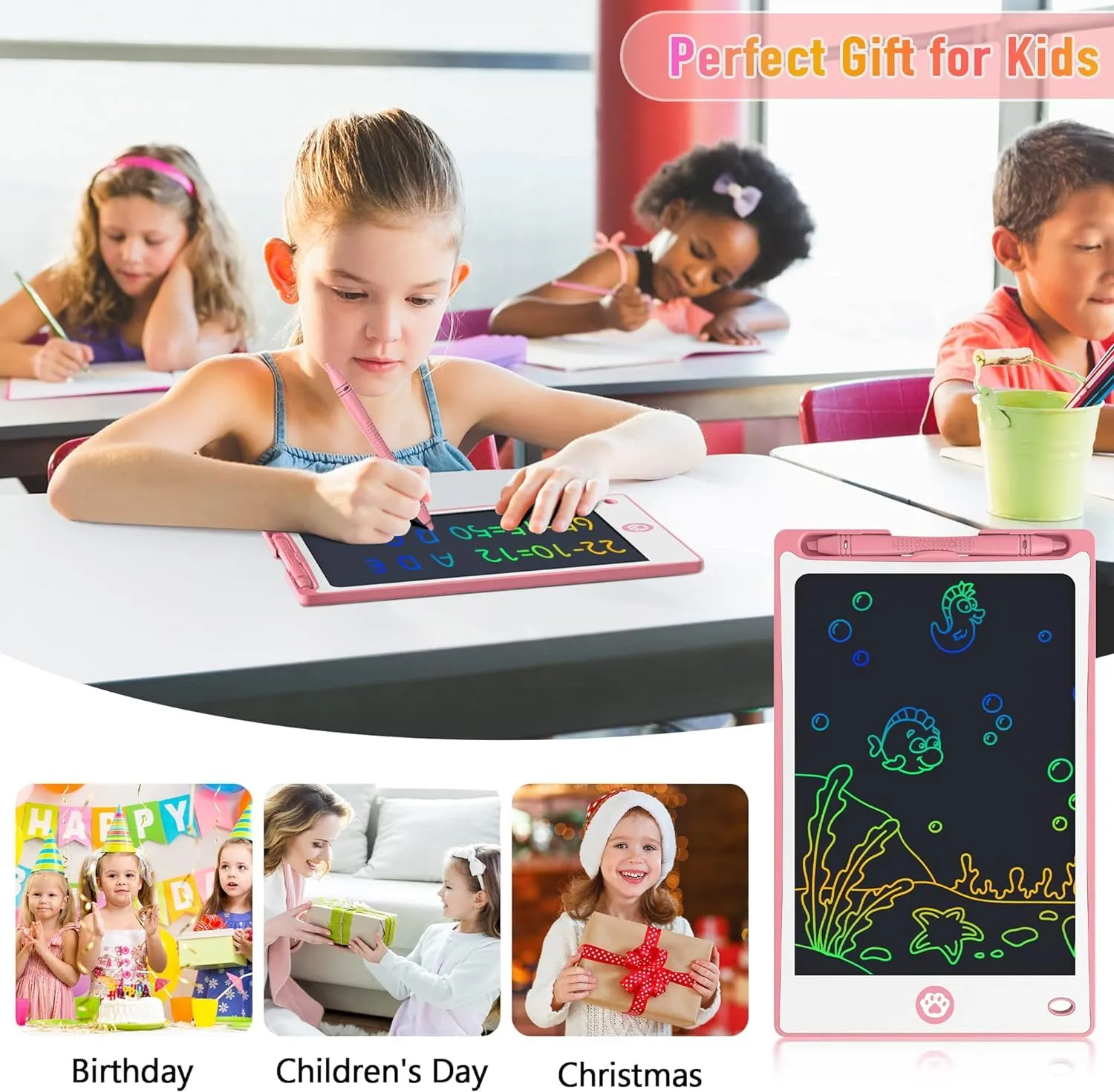 Hockvill LCD Writing Tablet for Kids 8.8 Inch, Kids Toys for Girls Boys Drawing Pad for 3 4 5 6 7 8 Year Old Kid, Toddler Drawing Doodle Board Travel Essentials Christmas Birthday Gift for Kids -Pink