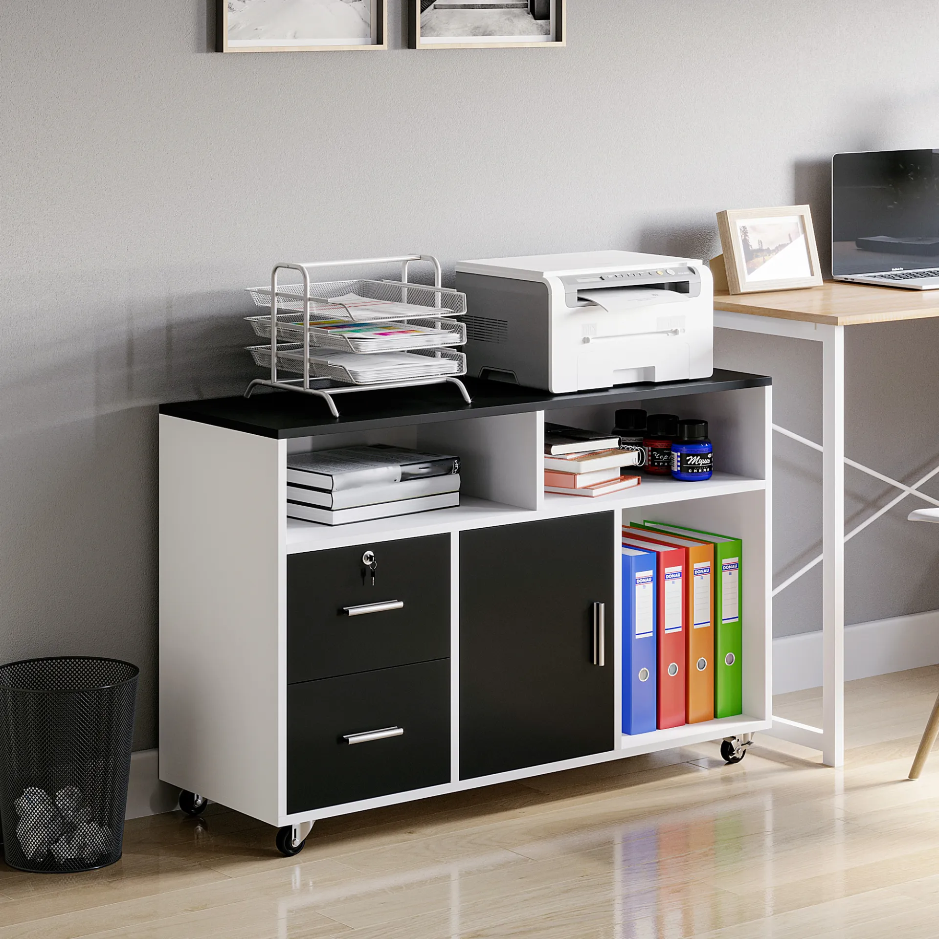 HOMCOM Black Mobile File Cabinet - Versatile Home Office Filing Solution with Lockable Drawer and Shelves