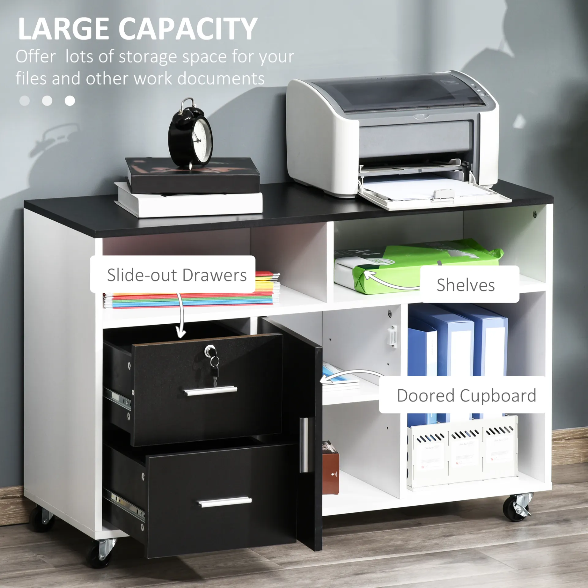 HOMCOM Black Mobile File Cabinet - Versatile Home Office Filing Solution with Lockable Drawer and Shelves