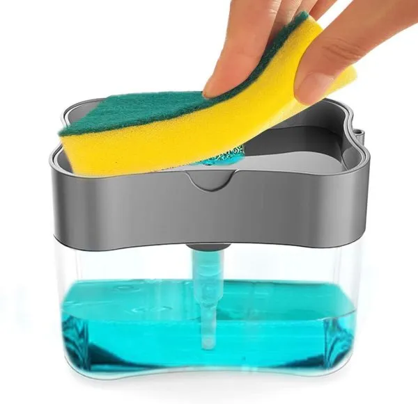 Kitchen Soap Pump Dispenser with Sponge Holder – 2-in-1 Dishwashing Tool