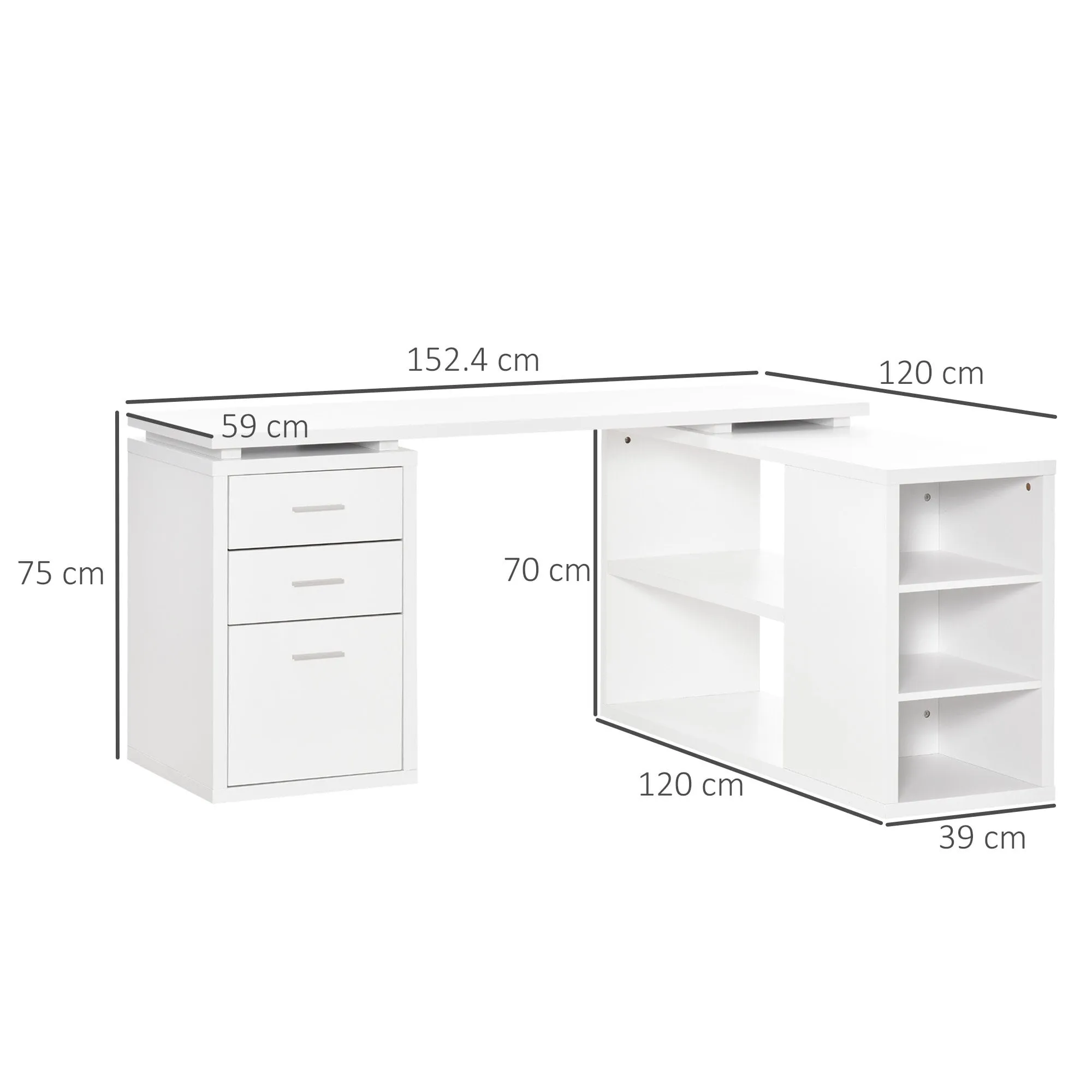 L-Shaped Computer Desk Home Office Corner Desk Study Workstation Table with Storage Shelves and Drawers, White