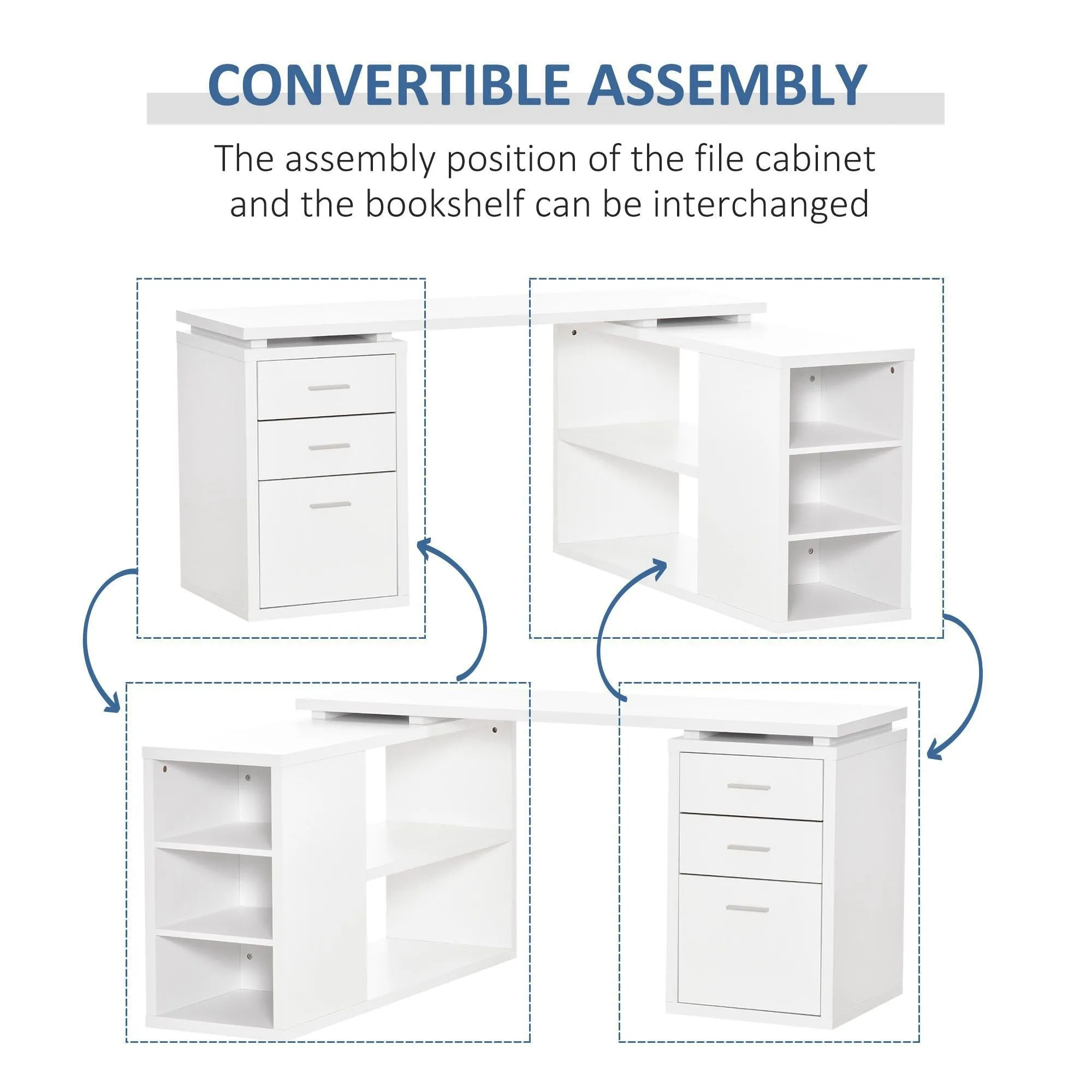 L-Shaped Computer Desk Home Office Corner Desk Study Workstation Table with Storage Shelves and Drawers, White