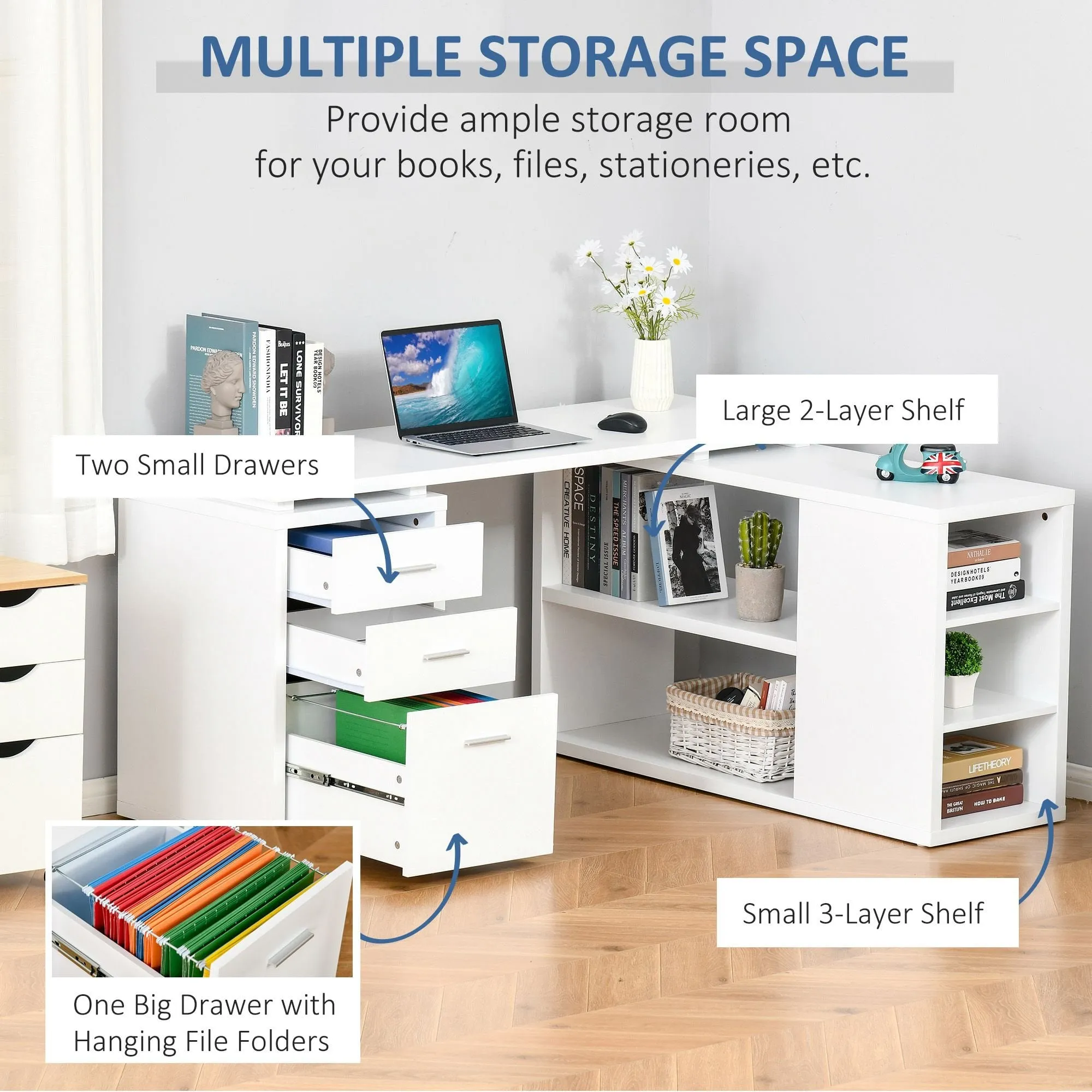 L-Shaped Computer Desk Home Office Corner Desk Study Workstation Table with Storage Shelves and Drawers, White
