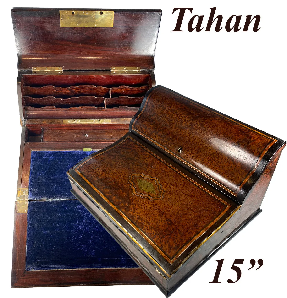 Large 15" Wide Antique French Writer's Cabinet, Slope, TAHAN of Paris, Maker, Napoleon III