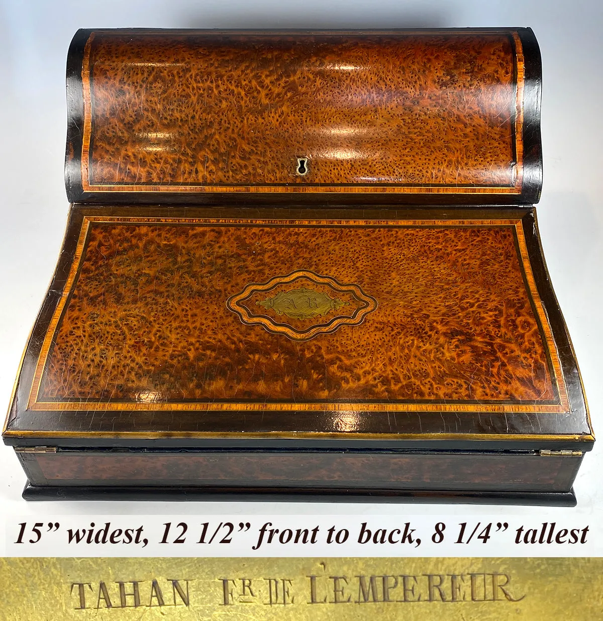 Large 15" Wide Antique French Writer's Cabinet, Slope, TAHAN of Paris, Maker, Napoleon III