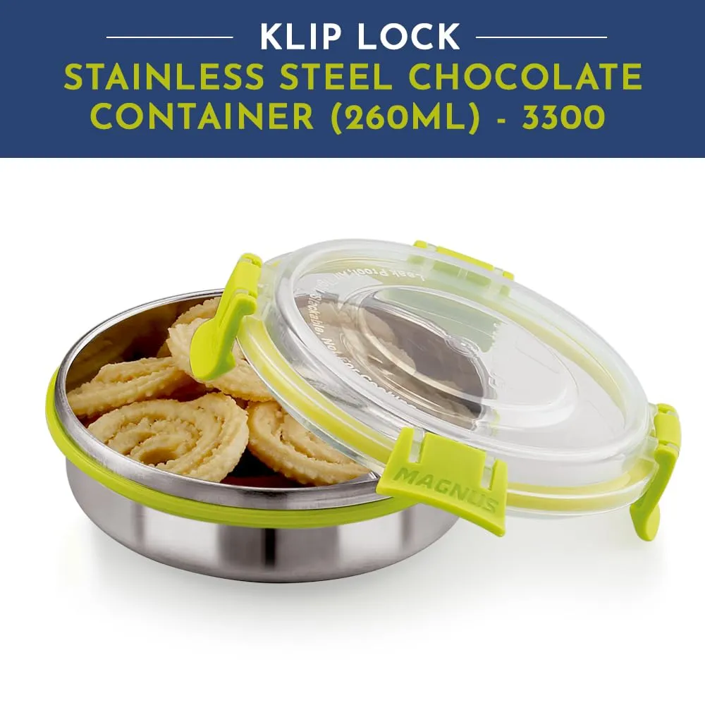 Magnus Klip Lock Stainless Steel Airtight Leakproof Storage Container 260ML, Chocolate Container - Kitchen Accessories Items, Lunch Box, Lunch Boxes for Office Men