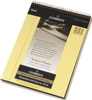 Mead Cambridge Premium Wirebound Legal Pad' Legal Rule' Letter' Canary' 70 Sheets/Pad