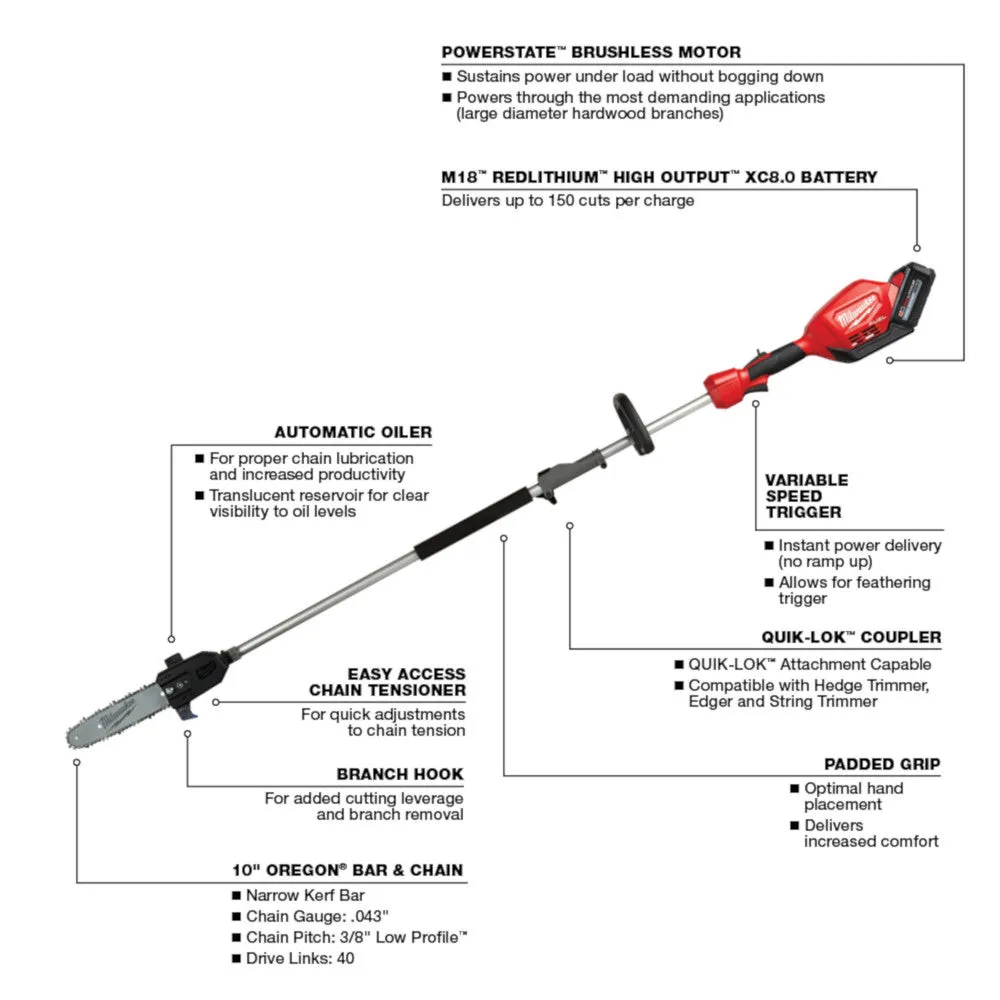 Milwaukee 2825-21PSED M18 FUEL 18V 10" Cordless Li-Ion Pole Saw Kit w/ Edger