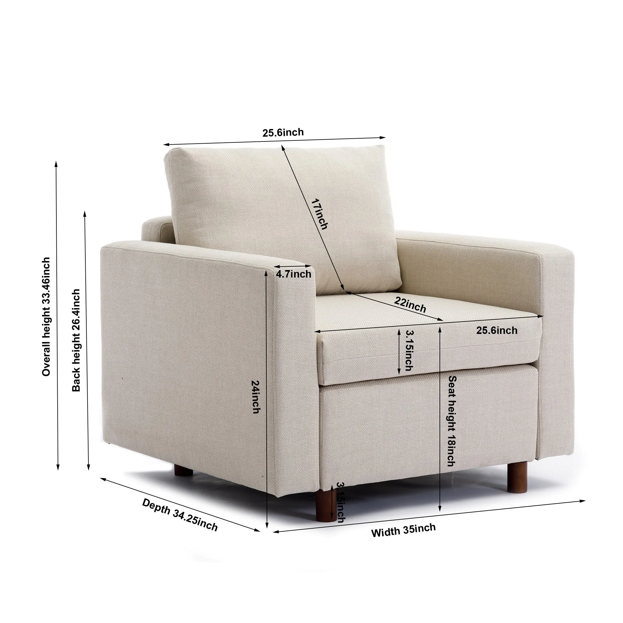 Modular Single-Seat Sectional Couch in Cream, Non-Removable & Non-Washable Cushion Covers