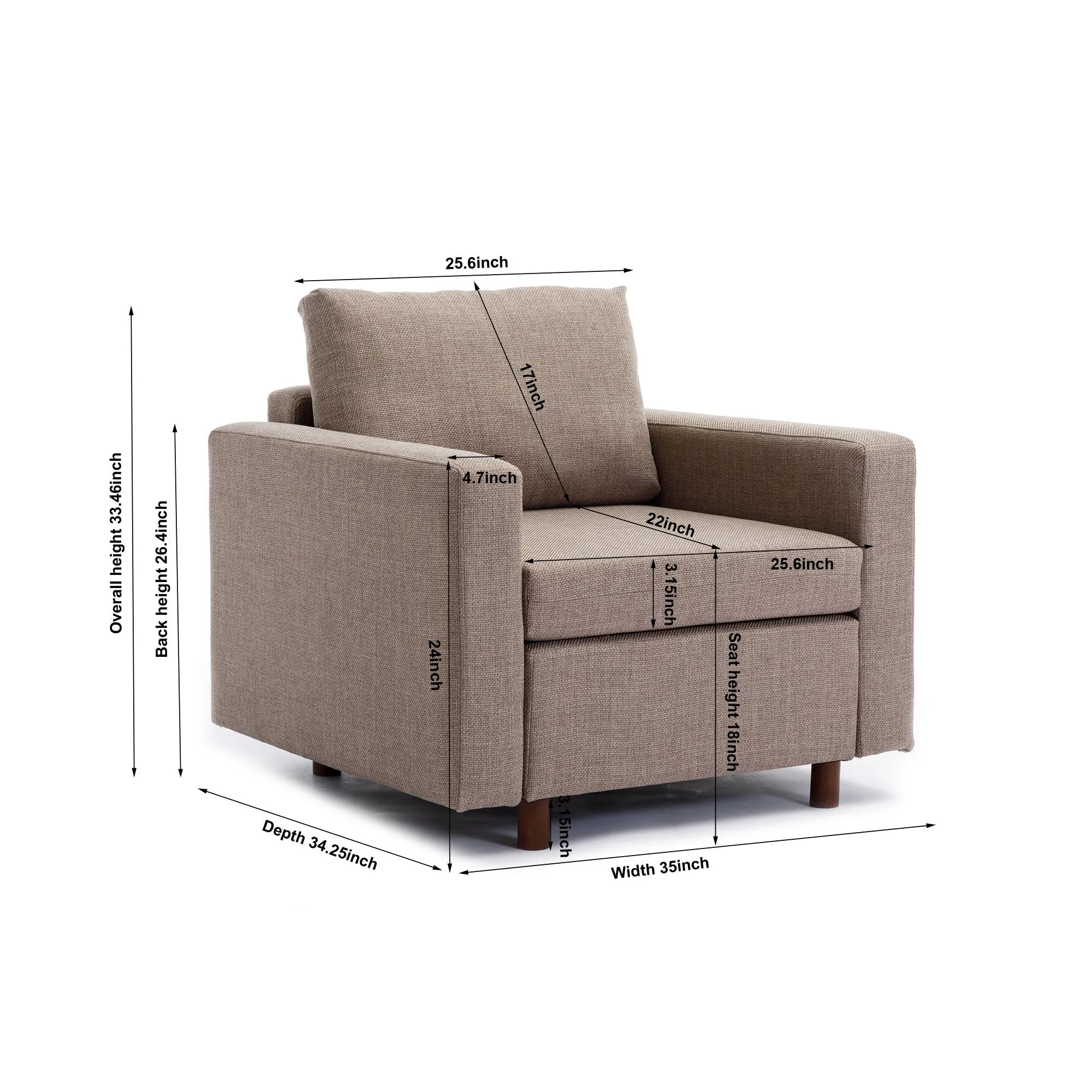 Modular Single-Seat Sectional Couch, Non-Removable Brown Cushion Covers