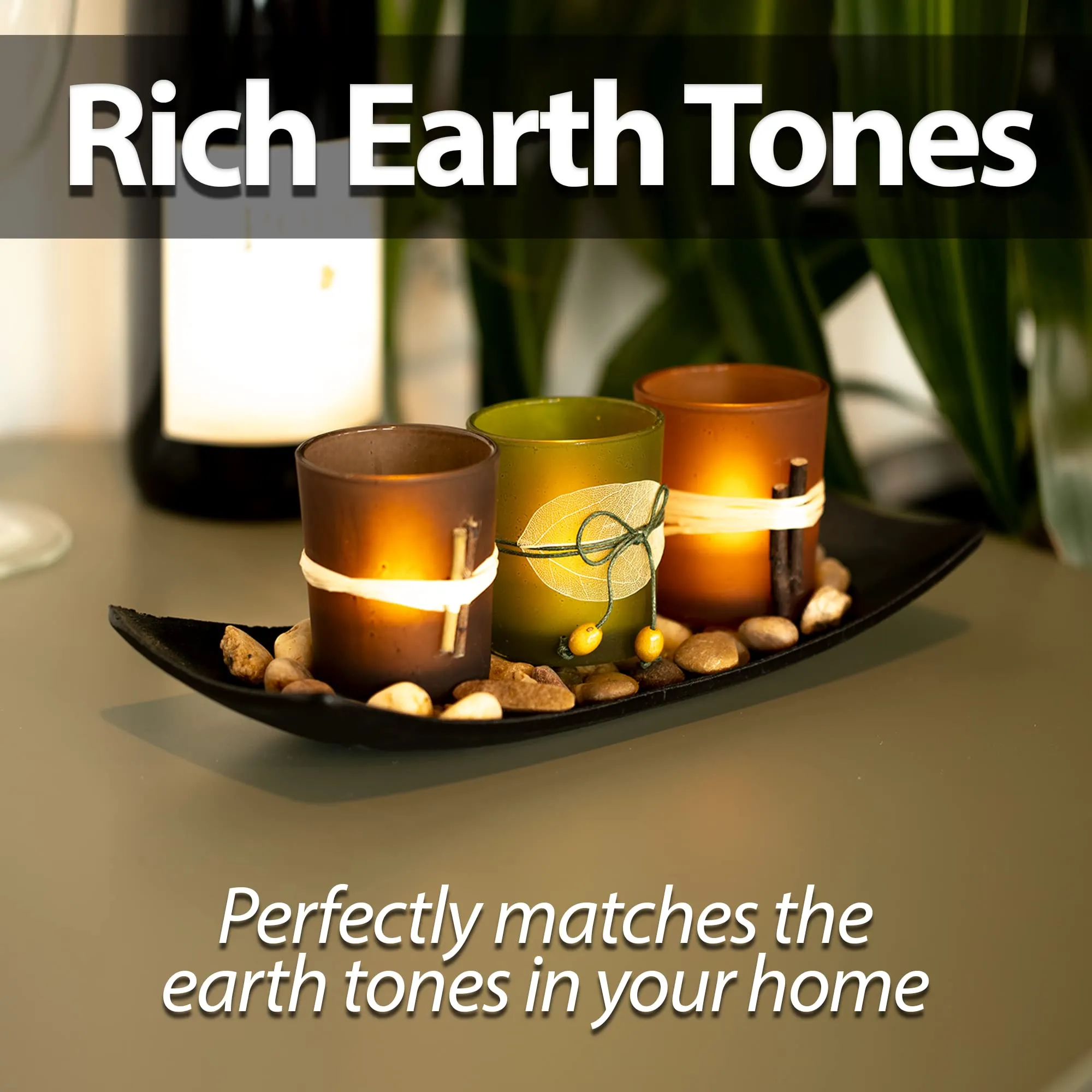 Natural Candlescape Set, 3 Decorative Candle Holders, Rocks And Tray