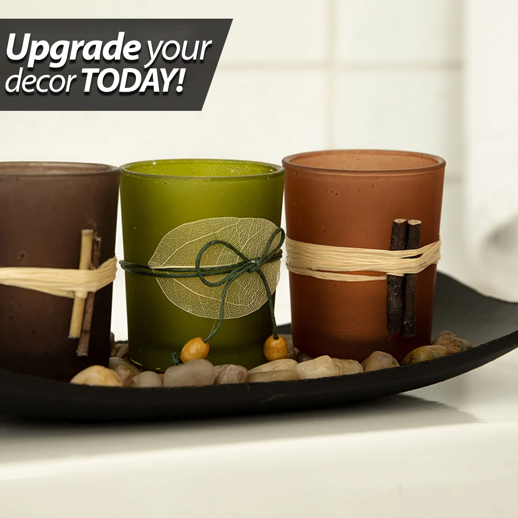 Natural Candlescape Set, 3 Decorative Candle Holders, Rocks And Tray