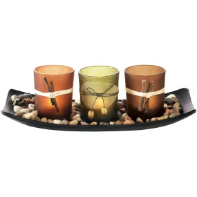Natural Candlescape Set, 3 Decorative Candle Holders, Rocks And Tray