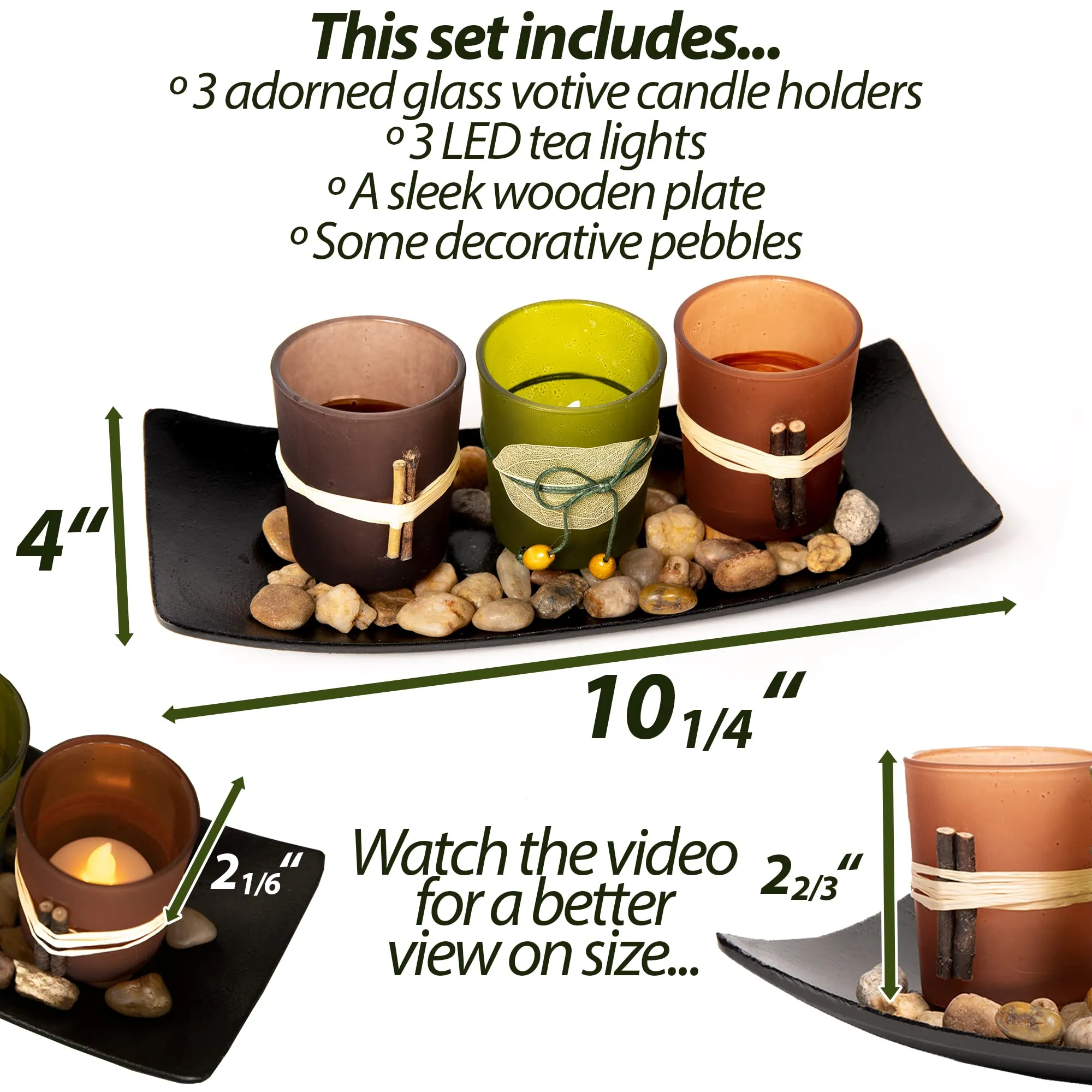 Natural Candlescape Set, 3 Decorative Candle Holders, Rocks And Tray