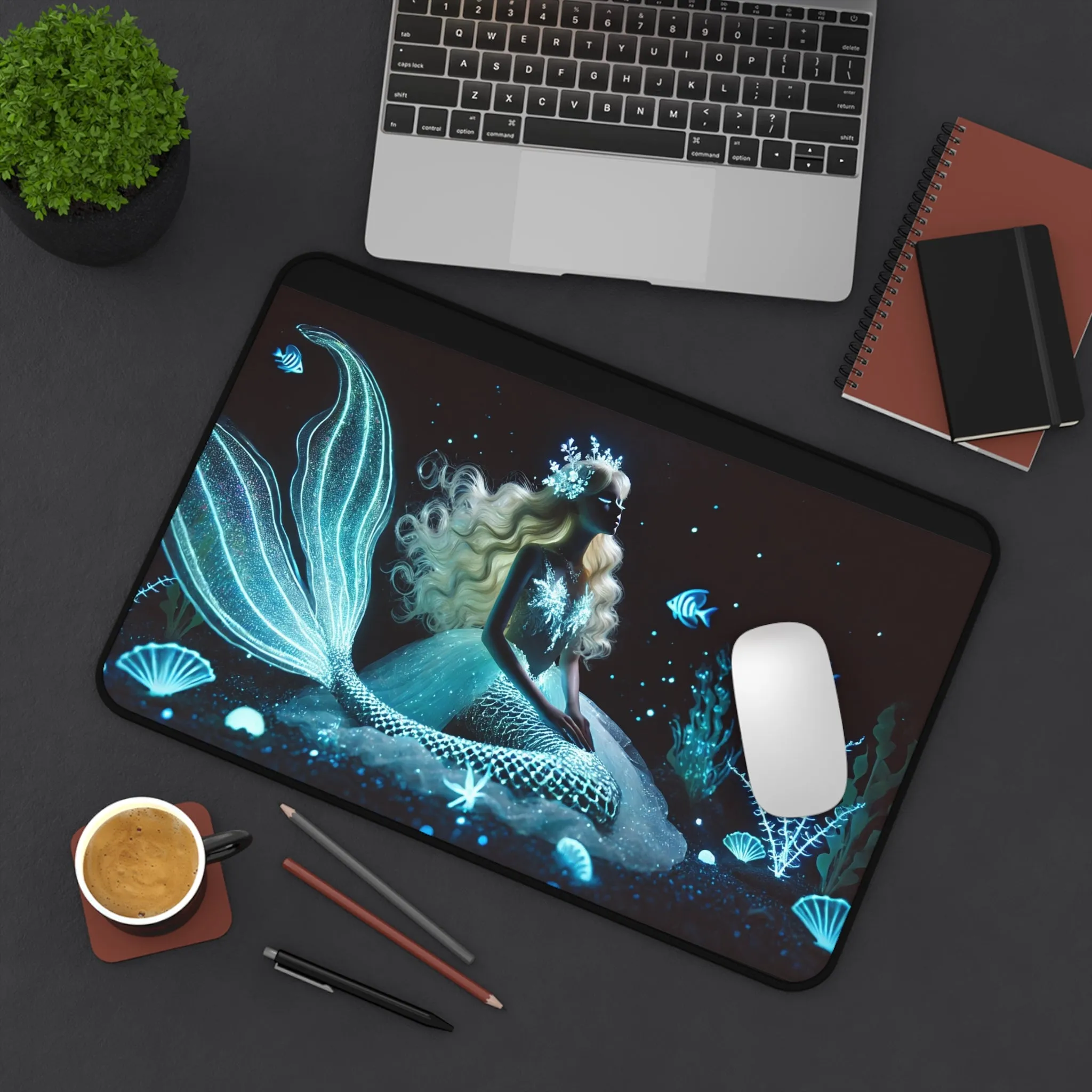 Neon Tides: Futuristic Cyber Mermaid Computer Pad