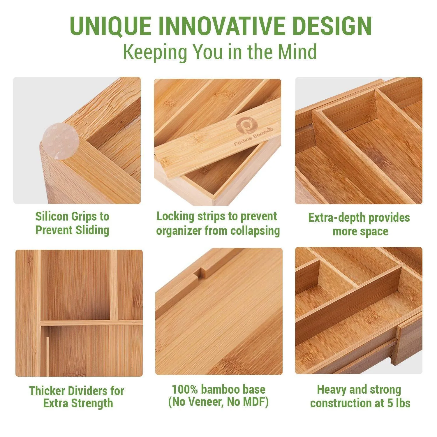 Non-slip, Extra Deep, Expandable, Large Silverware Organizer, Bamboo Flatware Drawer Organizer, Cutlery Tray, Utensil Holder, Adjustable Drawer Organizers, Kitchen Drawer Dividers by PRISTINE BAMBOO