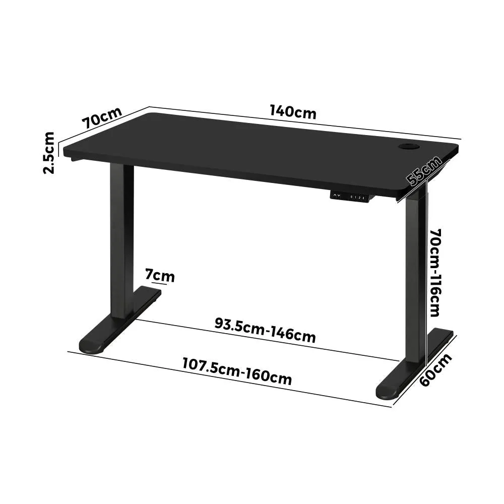 Oikiture Standing Desk Dual Motor Electric Height Adjustable Sit Stand Table - Black/Black - 1400mm x 700mm