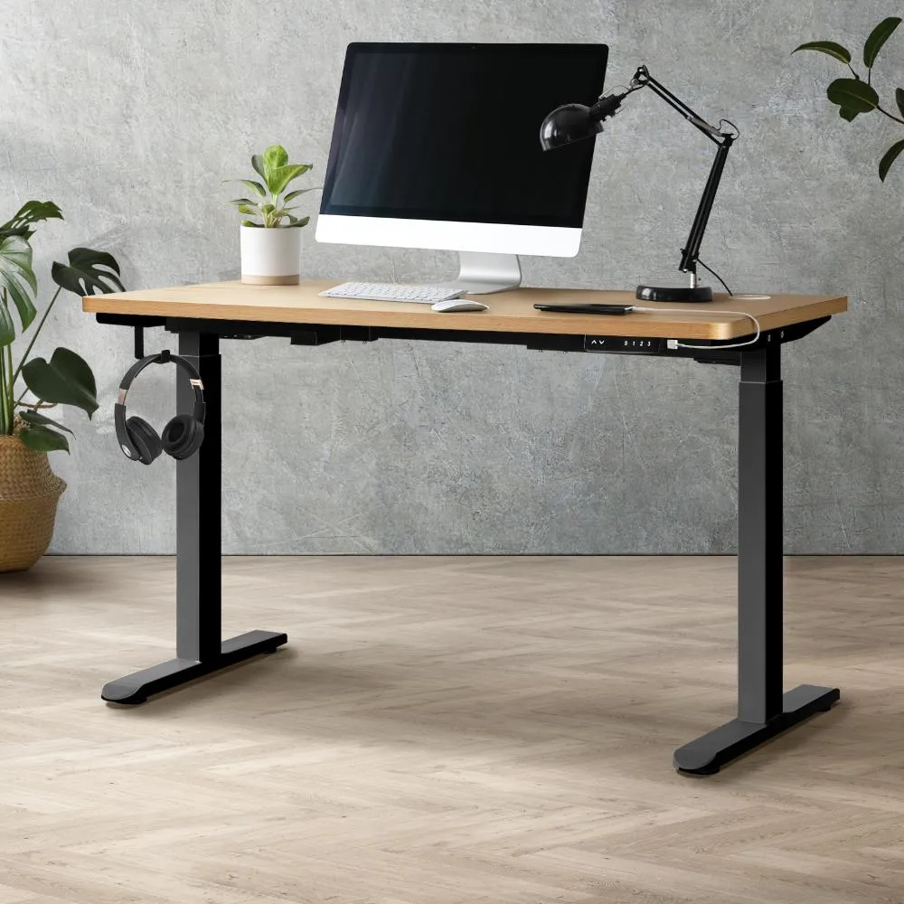 Oikiture Standing Desk Dual Motor Electric Height Adjustable Sit Stand Table - Black/Oak - 1200mm x 600mm