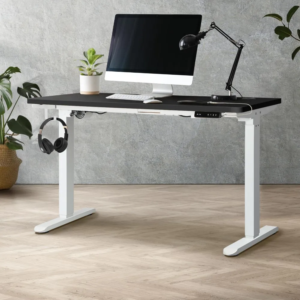 Oikiture Standing Desk Electric Height Adjustable Motorised Sit Stand Desk Rise - White/Black - 1200mm x 600mm
