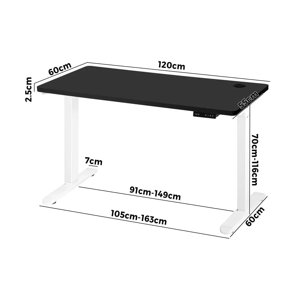 Oikiture Standing Desk Electric Height Adjustable Motorised Sit Stand Desk Rise - White/Black - 1200mm x 600mm