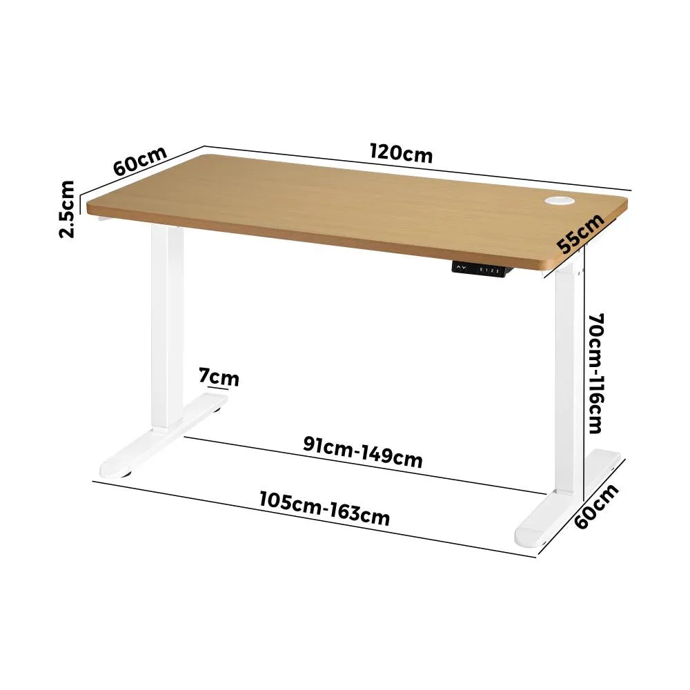 Oikiture Standing Desk Electric Height Adjustable Motorised Sit Stand Desk Rise - White/Oak - 1200mm x 600mm