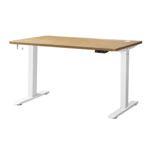 Oikiture Standing Desk Electric Height Adjustable Motorised Sit Stand Desk Rise - White/Oak - 1200mm x 600mm