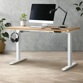 Oikiture Standing Desk Electric Height Adjustable Motorised Sit Stand Desk Rise - White/Oak - 1400mm x 700mm