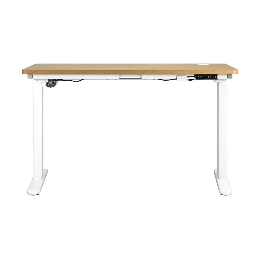 Oikiture Standing Desk Electric Height Adjustable Motorised Sit Stand Desk Rise - White/Oak - 1400mm x 700mm