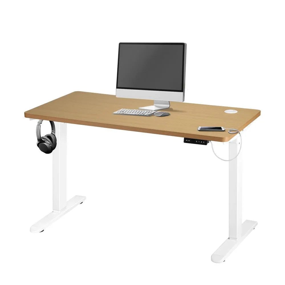 Oikiture Standing Desk Electric Height Adjustable Motorised Sit Stand Desk Rise - White/Oak - 1400mm x 700mm