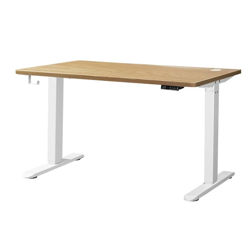 Oikiture Standing Desk Electric Height Adjustable Motorised Sit Stand Desk Rise - White/Oak - 1400mm x 700mm