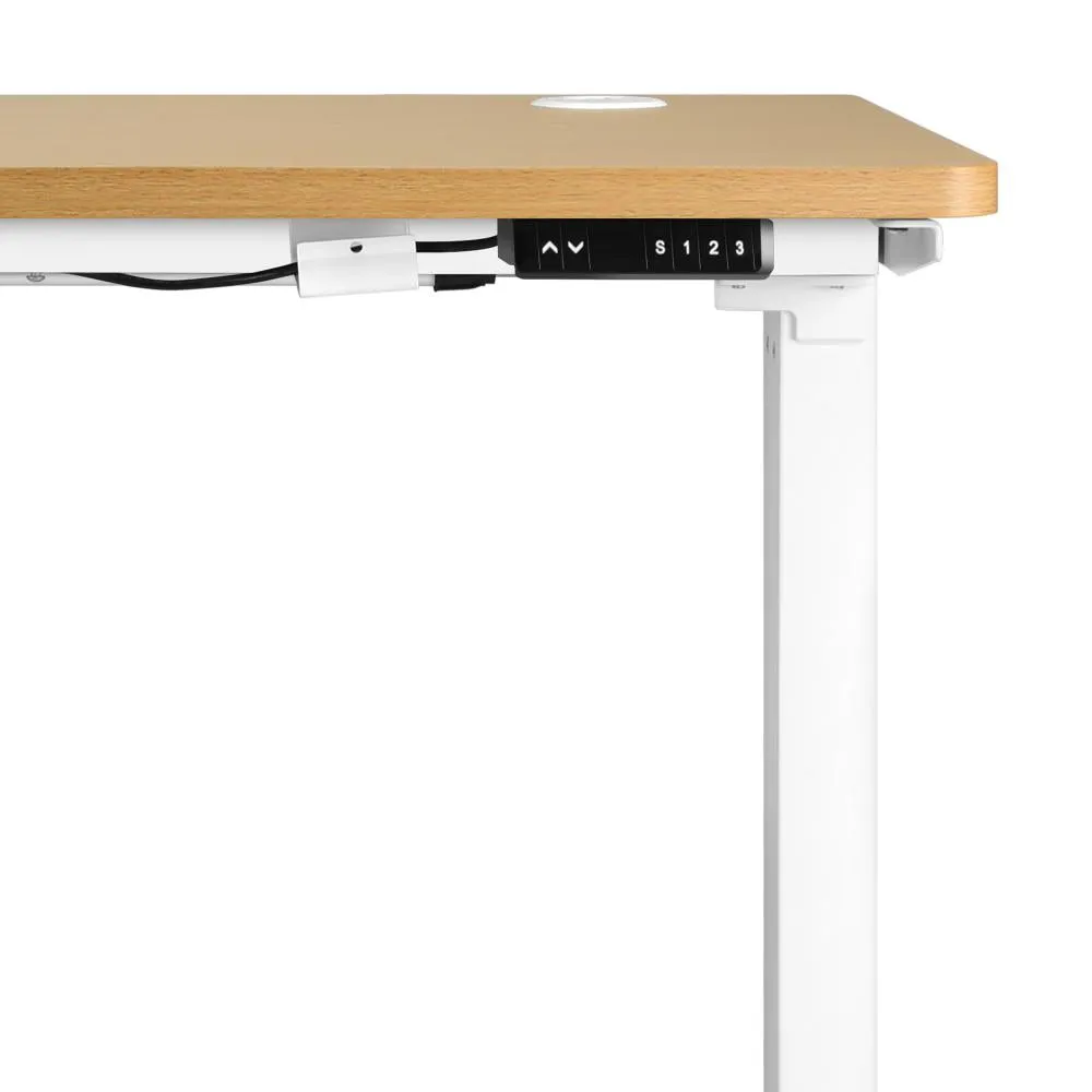 Oikiture Standing Desk Electric Height Adjustable Motorised Sit Stand Desk Rise - White/Oak - 1400mm x 700mm