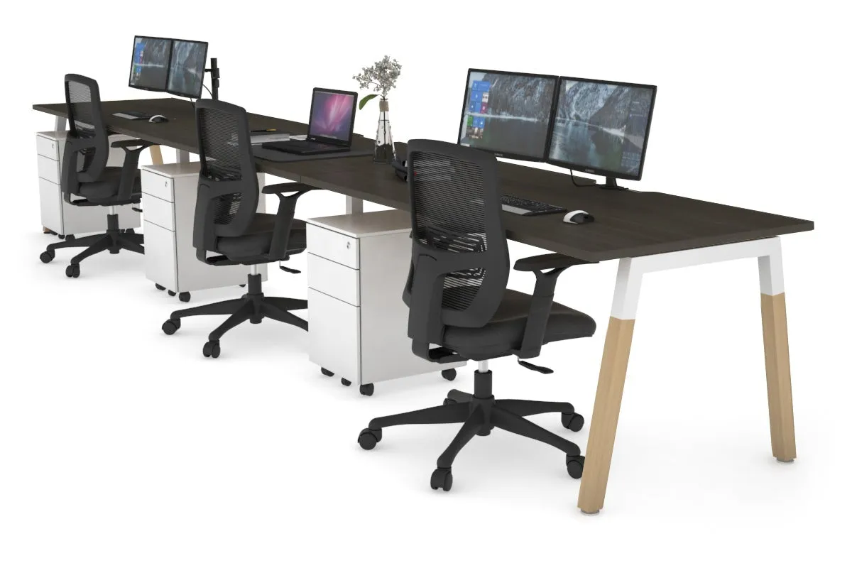 Quadro A Legs 3 Person Run Office Workstation - Wood Legs Cross Beam [1600L x 800W with Cable Scallop]