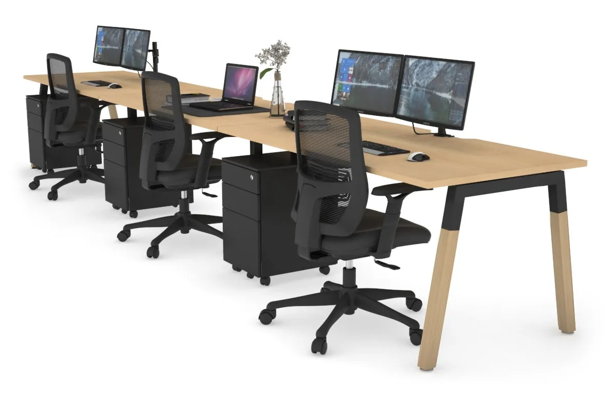 Quadro A Legs 3 Person Run Office Workstation - Wood Legs Cross Beam [1600L x 800W with Cable Scallop]