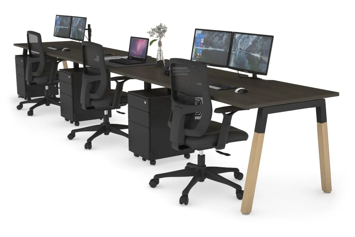 Quadro A Legs 3 Person Run Office Workstation - Wood Legs Cross Beam [1600L x 800W with Cable Scallop]