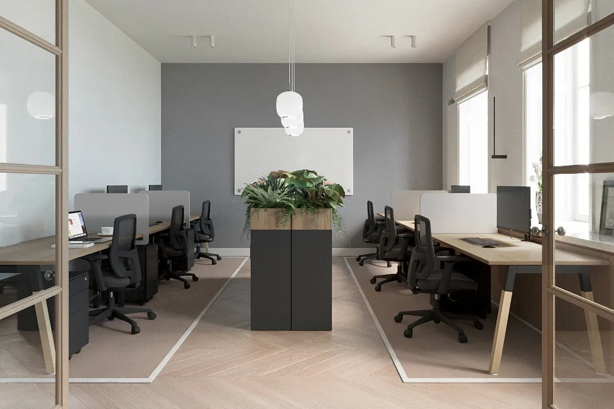 Quadro A Legs 3 Person Run Office Workstation - Wood Legs Cross Beam [1600L x 800W with Cable Scallop]